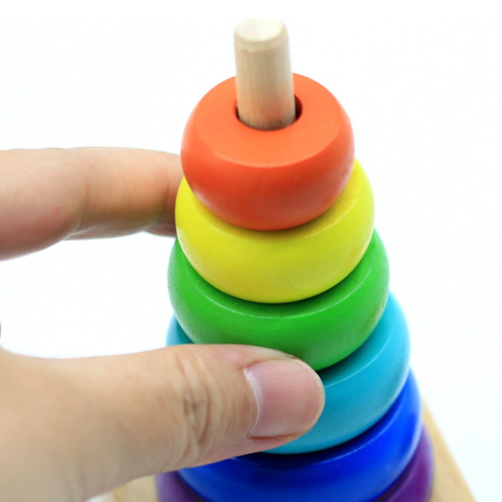 Kids Toddler Puzzle Toy Rainbow Color Wooden Color Number Cognition Ring Tower Stacker