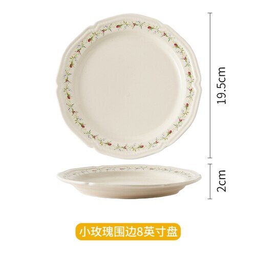 Floriferous Dessert Plate Embossed Edge Dinner Plates Dishes Household Ceramic Plate And Bowls Simple White Tableware: Small rose 8 inch
