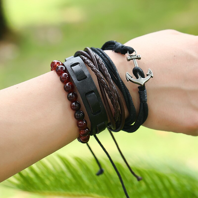 Bricolage Europe et amérique simple rétro tressé ancre en cuir sangles en cuir bracelet multi-couche ensemble bracelet nautique