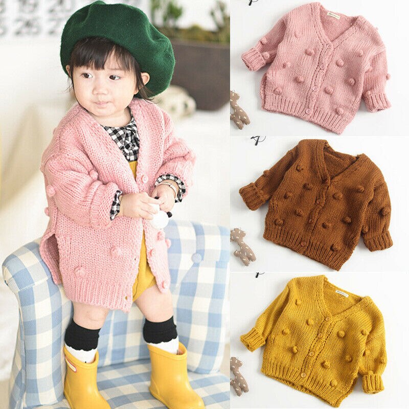 Enfant en bas âge bébé fille tricoté Cardigan pull boule floue manteau veste vêtements d'extérieur chauds