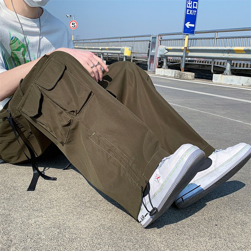 Frühling Grün Schwarz Breite Bein Hosen Männer Tasche Ladung Hosen Männer Streetwear Koreanische verlieren Gerade Hosen Herren Hosen S-2XL: XXL / Armee Grün