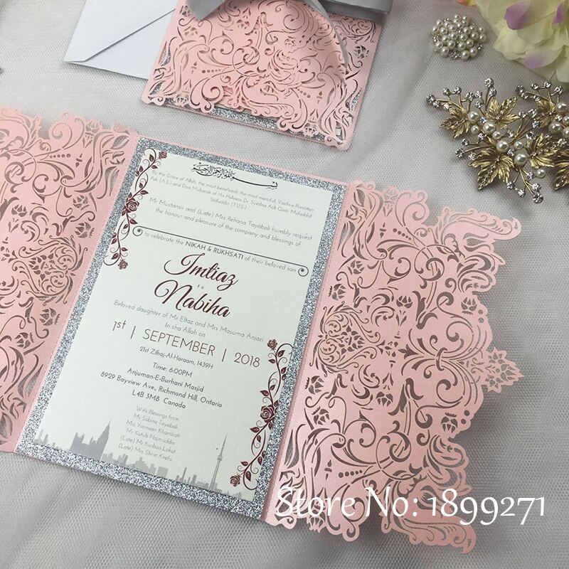 1full set flower light pink pearl wedding invitation card with gliter paper Recycled Arabic Wedding Greet thank you Card