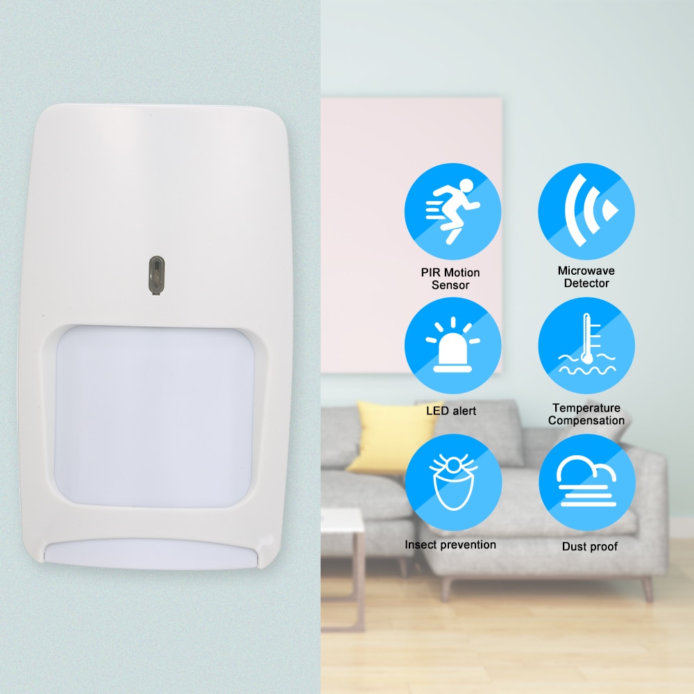 Wired Dual-tech Infrared Motion Detector Microwave Wall Mounted PIR Sensor Pet Immunity for Home Burglar Security