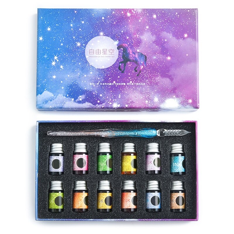 Crystal Starry Sky Glass Ink Pen Glass Dip Pen For Writing Fountain Pen Set 40JB: C