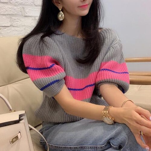 Neploe regenboog gestreepte trui dames lente koreaanse ronde hals pofmouw dames pullover tops casua stretch damestrui: Roze