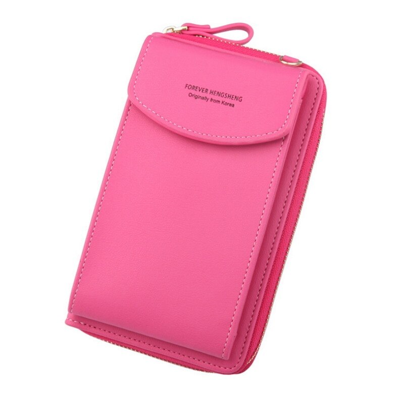 Women PU Leather Shoulder Bag Strap Purses Solid Color Mobile Phone Big Card Holders Wallet Handbag Pockets For Girls: rose red