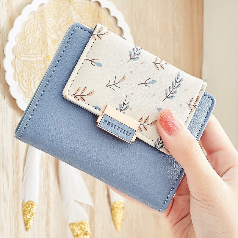 Brand Women Wallet Small Short Fold Purse Printing Contrast color Female Coin Purse Multifunction Coin Pocket: Sky Blue