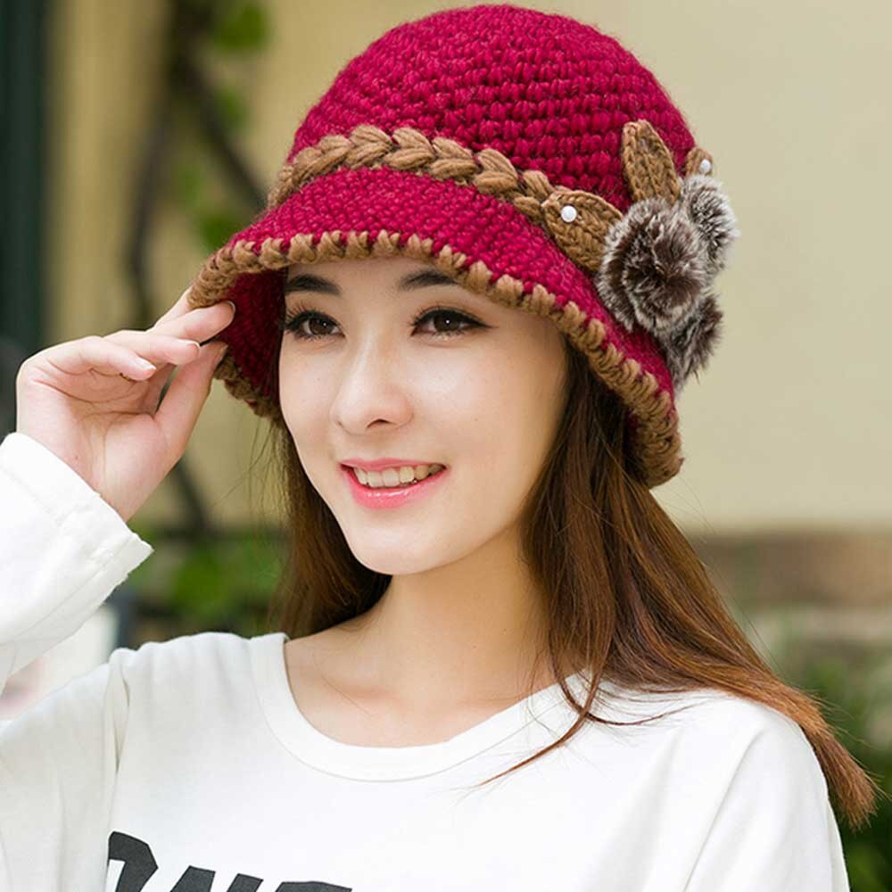 Ears Hat Knitted Women Cap Newly Lady Winter Warm Crochet Flowers Decorated Ears Hat Mujer