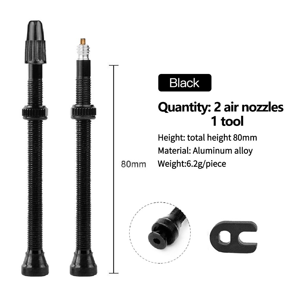 40/60/80mm ventiler for road mtb sykkel tubeless ventil 1 par vakuum aluminiumslegering dekk ventil for sykkel sykkel tilbehør: Svart 80mm