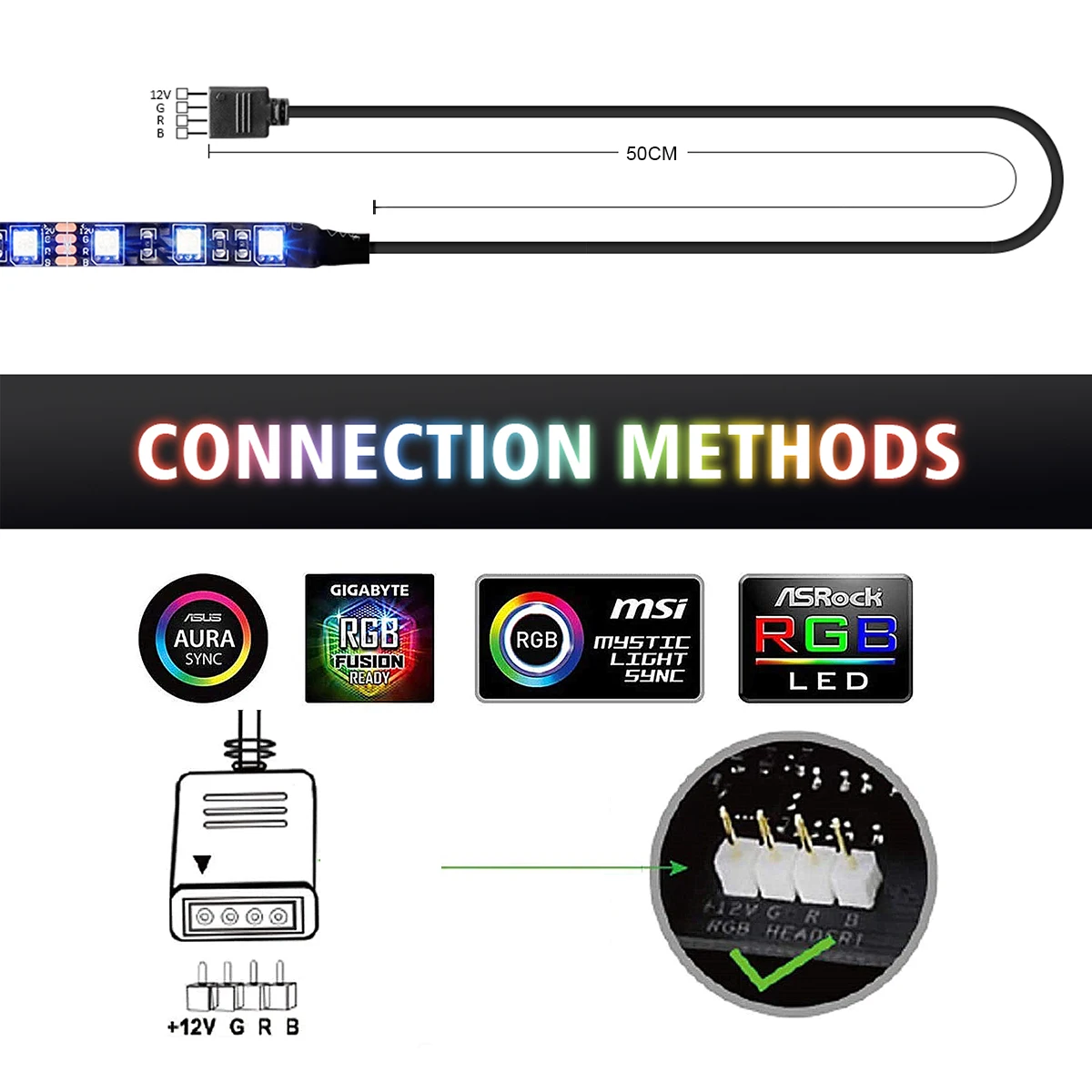 Tira de luces LED RGB 5050 para juegos, línea de rama para 12V Aura Sync, Control de placa base, carcasa de ordenador, 0,5 M- 2M, 4 pines, cabezal RGB
