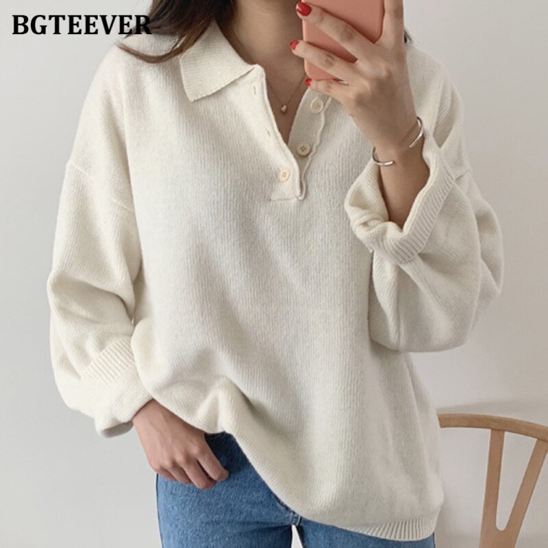Bgteever turn-down krage knapper dame genser genser casual løs lange ermer kvinnelige strikkede gensere topper høst: Beige
