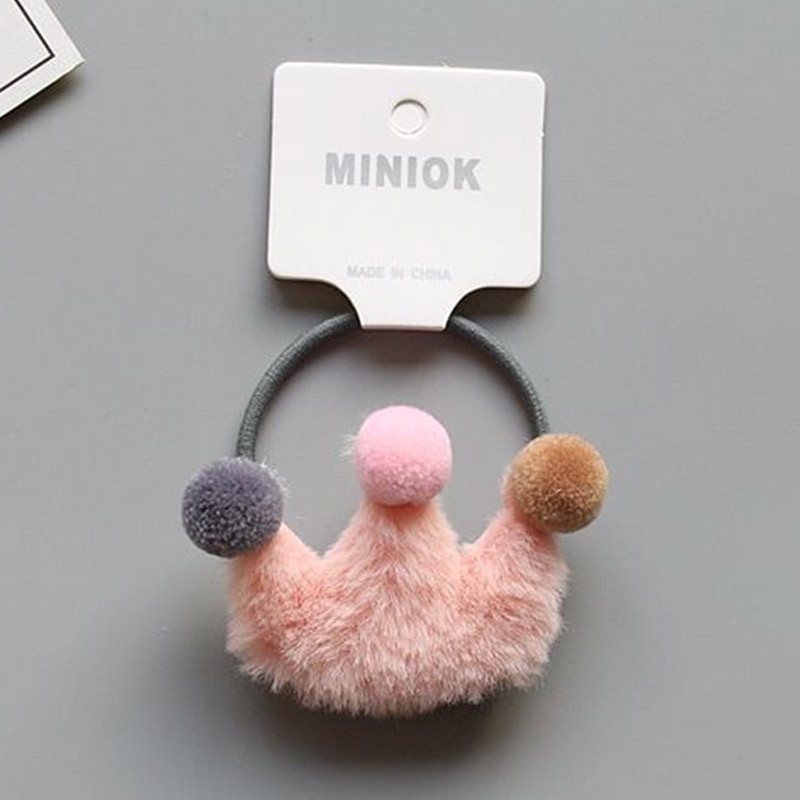 1PC Girl Fluffy Crown Hair Tie Bow Faux Fur Hair Band Girl Crown Hair Accessories Elastics Scrunchie Ponytail Holder