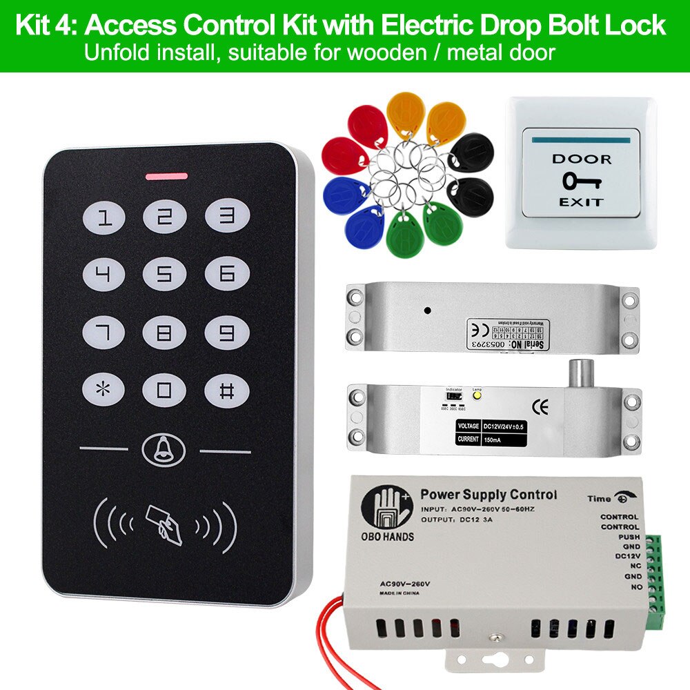 OBO Door Access Control System RFID Keypad EM Card Reader + Power Supply + Electronic Magnetic Lock Bolt Strike Locks for Home: Kit 4