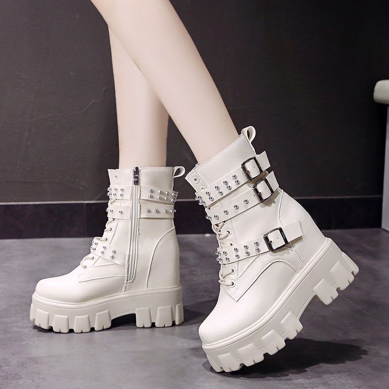 Rivet grosses bottes plate-forme femmes noir blanc Double boucle hauteur augmenter chaussures femme plate-forme bottines dame