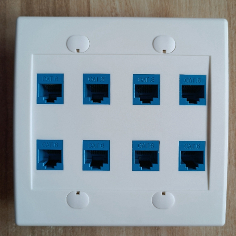 Ethernet Wall Plate 8 Port - Double Gang Cat6 RJ45 Keystone Jack Network Cable Faceplate Female to Female - Blue