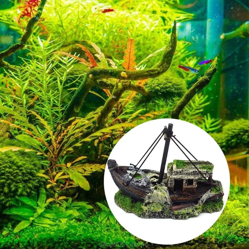 Decoración de acuario naufragio forma de barco rota ornamento de resina peces Ttank paisaje accesorios O09 20
