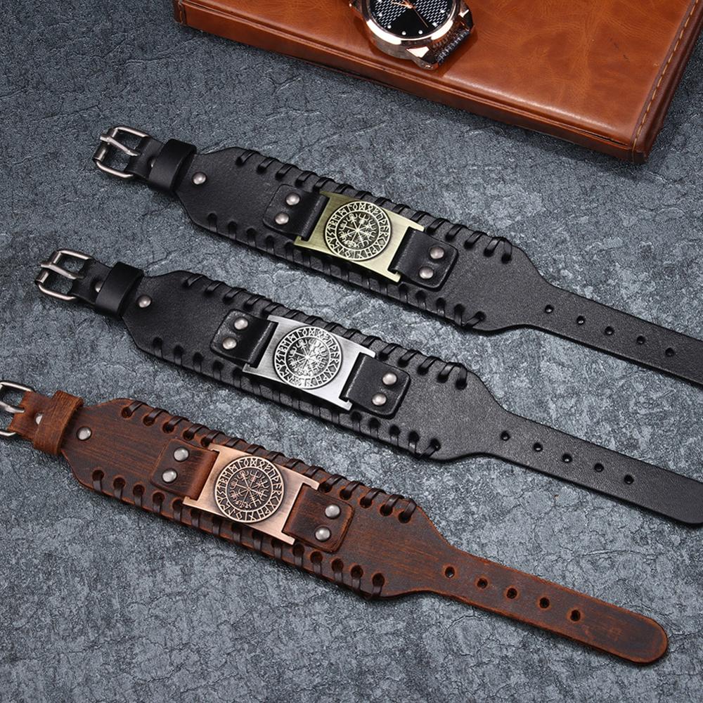 Runas nórdicas Vegvisir brújula pulsera vikinga pulseras nórdicas brújula brazalete de cuero ancho pulsera nórdica hombre joyería