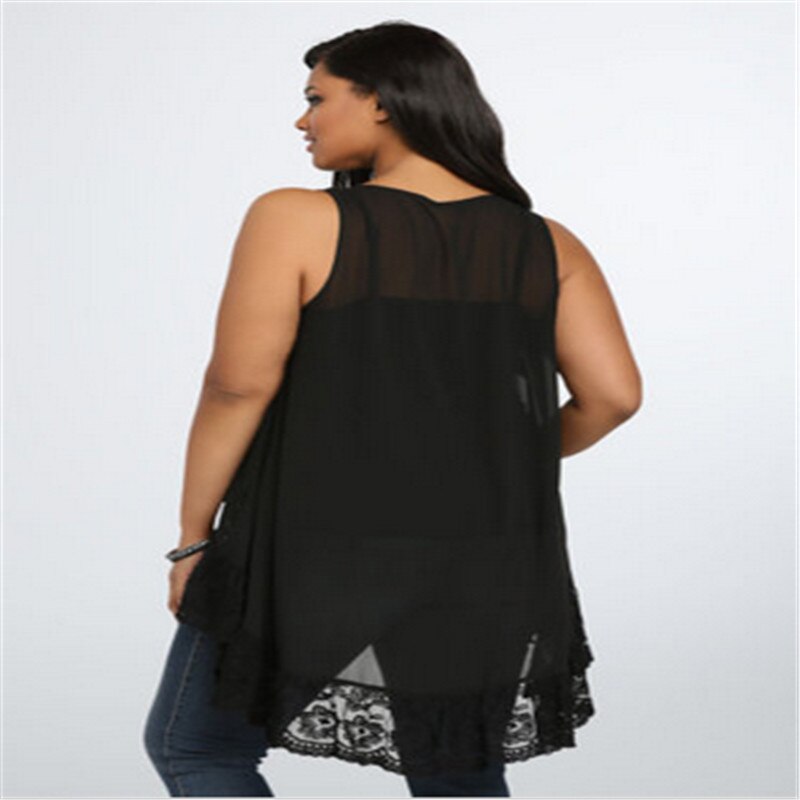 Vrouwen Kleding Zomer Tops Voor Vrouwen Blouses Big Size Mouwloos Zwart Kant Tank Tops Losse Chiffon Blouse 6XL Plus size