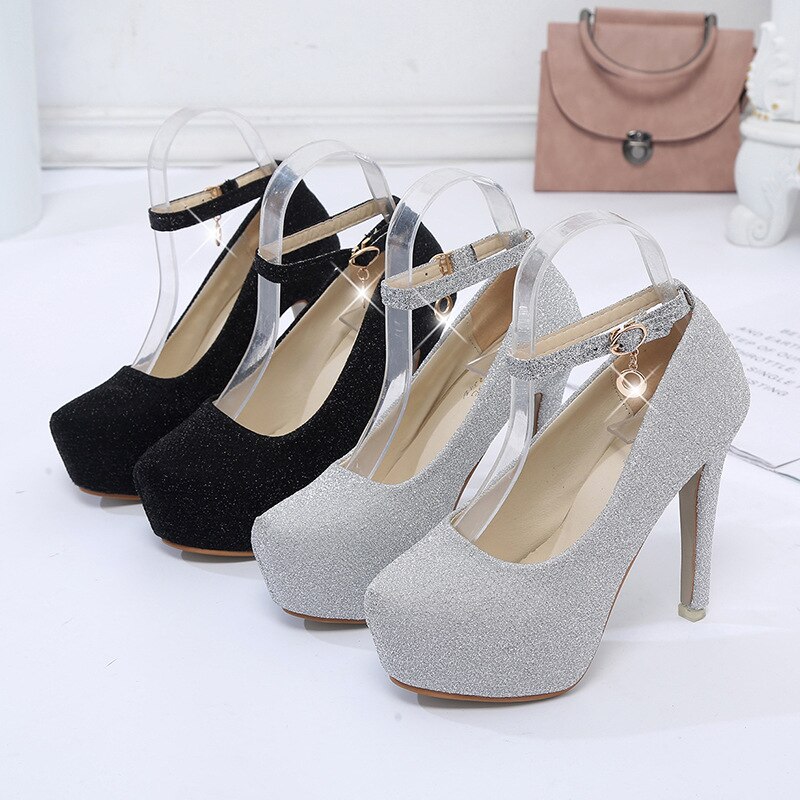 Bryllupssko kvinder høje hæle brude sko platform pumps super høj hæl 12cm sort sølv  yx2177