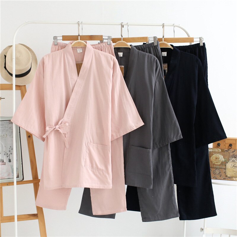 Yukata-Conjunto de pijama japonés de algodón puro para hombre y mujer, ropa de casa de manga larga, traje de Kimono tradicional para verano y otoño