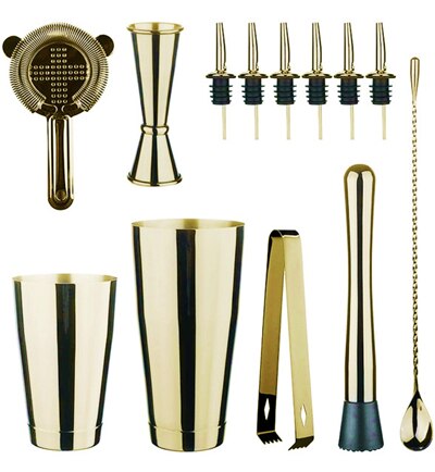 Cocktail Shaker Bar Set: 2 Weighted Boston Shakers,Cocktail Strainer Set,Jigger,Muddler and Spoon, Ice Tong and 2 Bottle Pourer: Gold Sets3