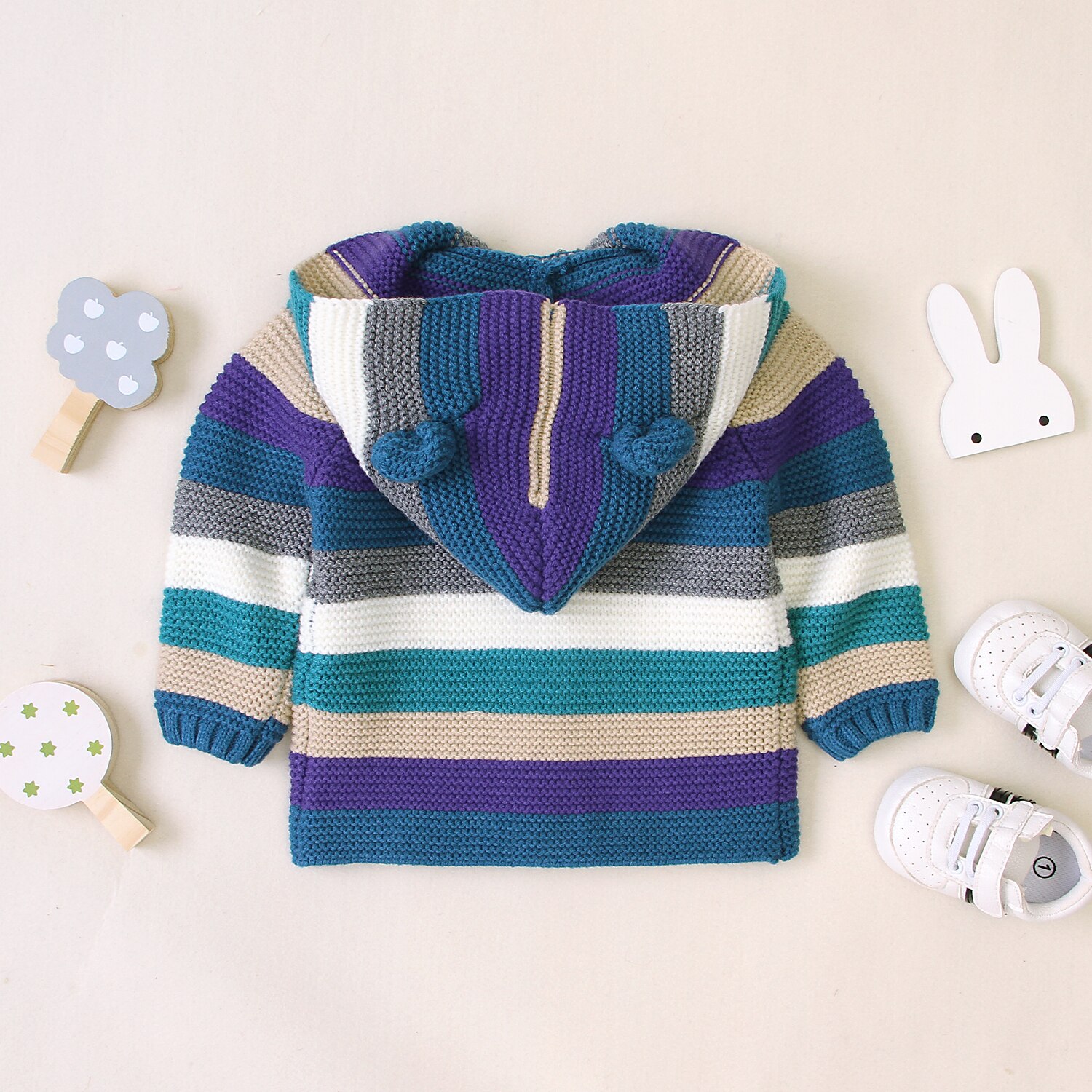 Frühling Herbst Warme Strickjacke freundlicher Baby Jungen Mädchen Süße gemischt Farbe Streifen Lange Hülse Outwear Beiläufige Mit Kapuze oben zur Seite fahren