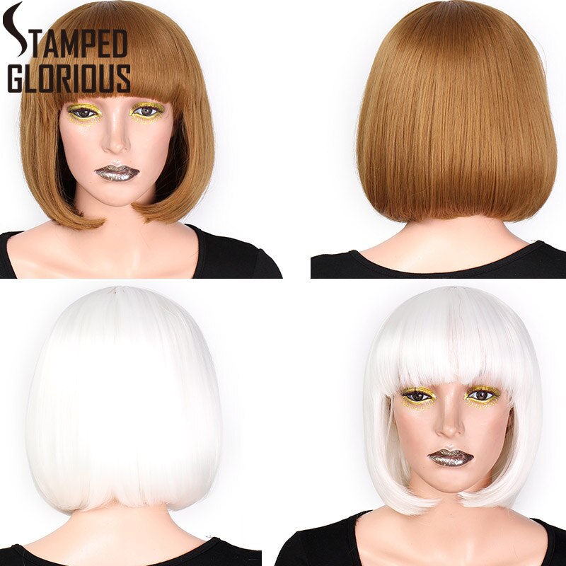 Estampillé glorieux court Bob Head perruque avec frange noir/blanc/marron synthétique perruque droite naturel résistant à la chaleur
