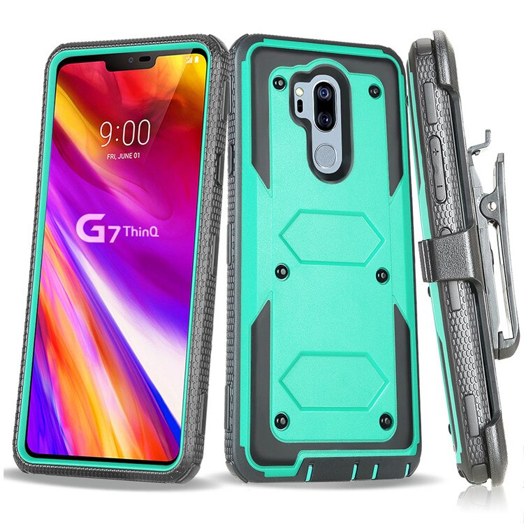 Voor lg  g7 thinq  / g7+ g710em robuuste, robuuste hoes met riemclip, holsterhoes, anti-beschermende harde achterkant voor lg  g7: Blauwgroen