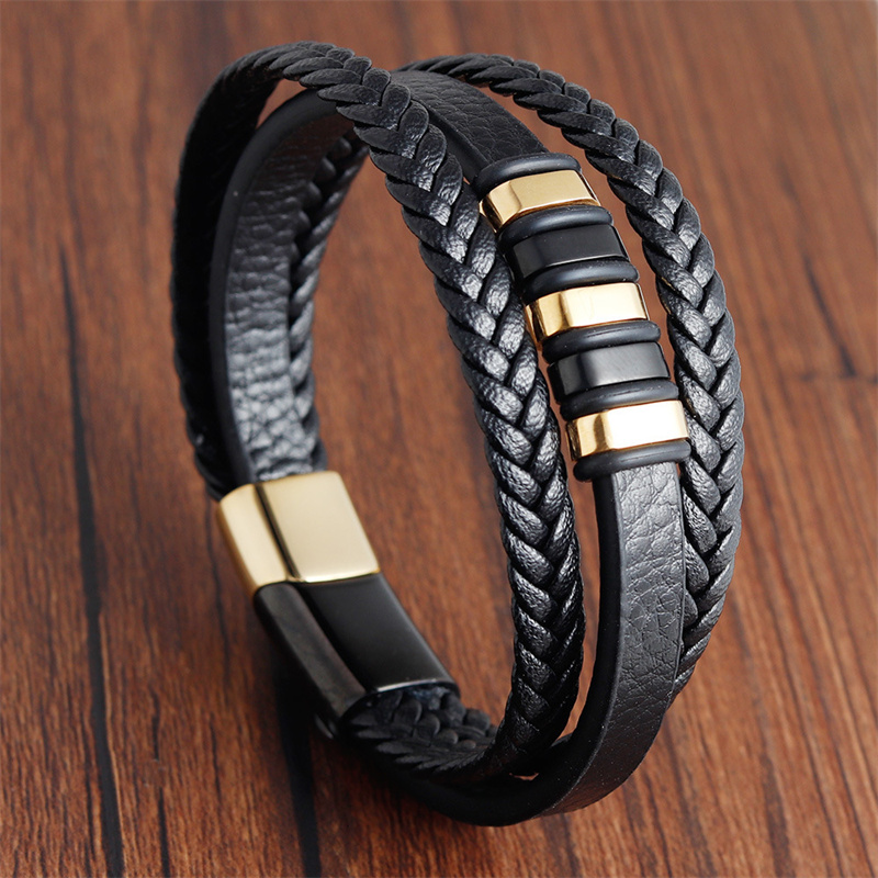 Leather Bracelet Men Multilayer Stainless Steel Handmade Braided Leather Bracelet For Men Jewelry: 3