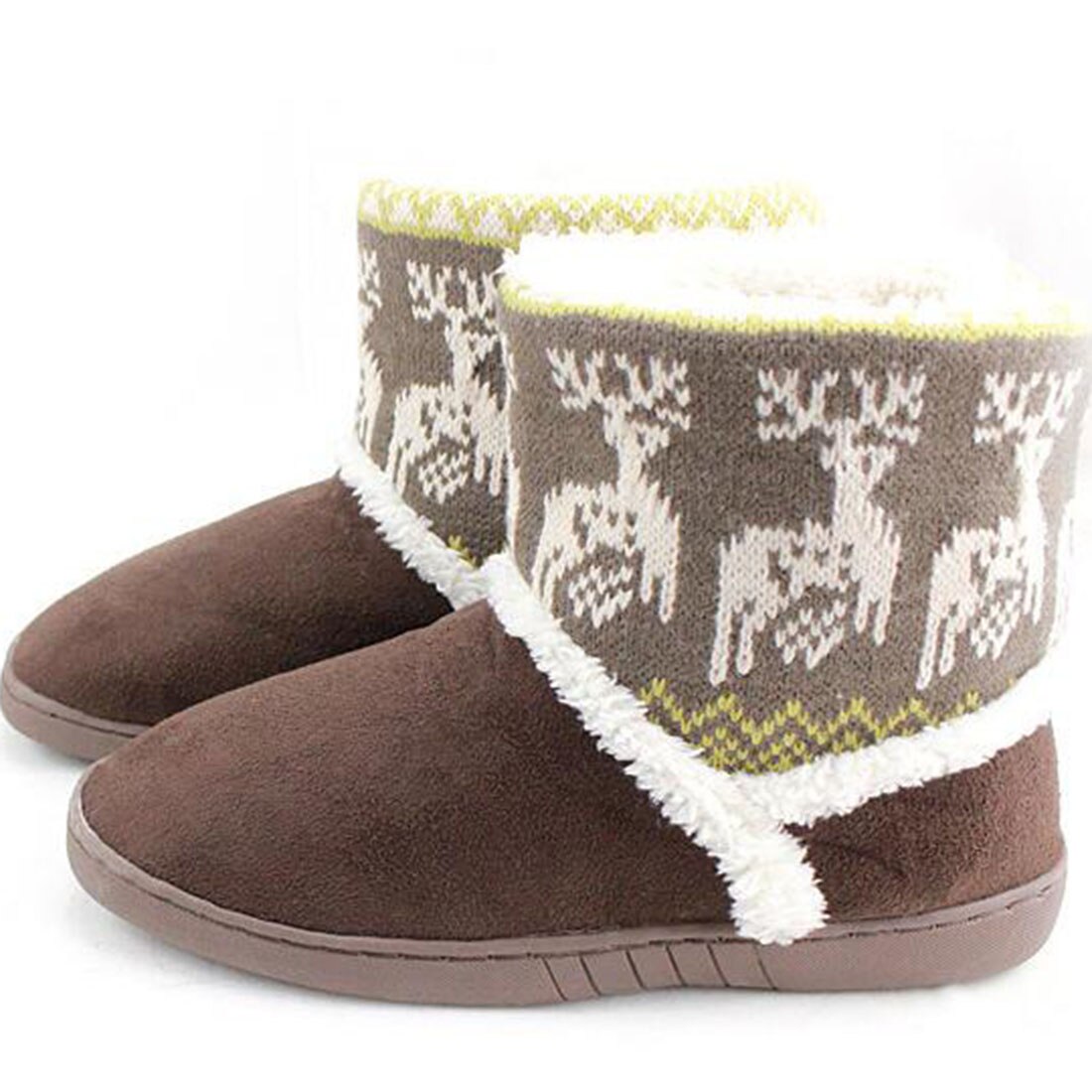 Botas de nieve de invierno con estampado de ciervo, botines gruesos de alce para mujer, par de botas de felpa, botas cortas para interiores con forro de piel: Marrón / 4
