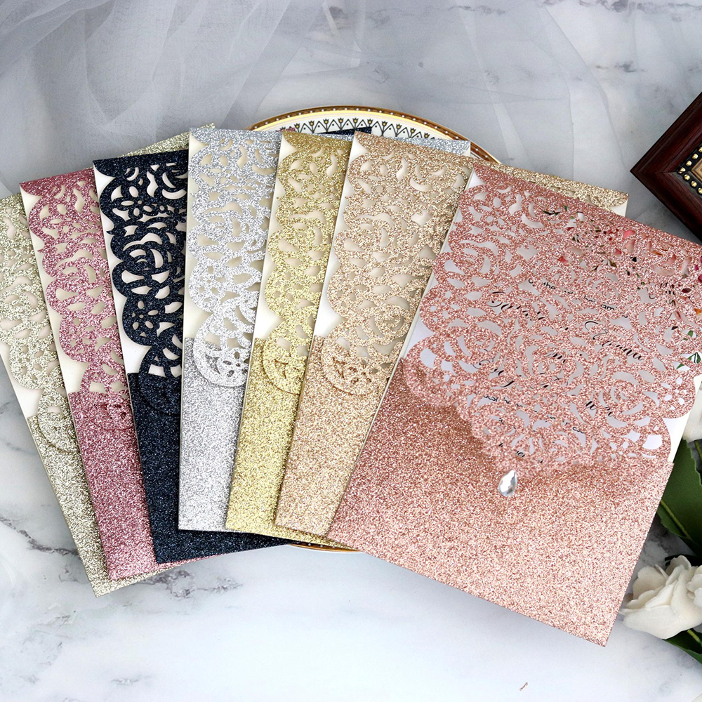 10pcs Pearl paper Business Invitation Glitter Openwork Pocket Rose Lace Invitation Card Wedding Invitation Universal