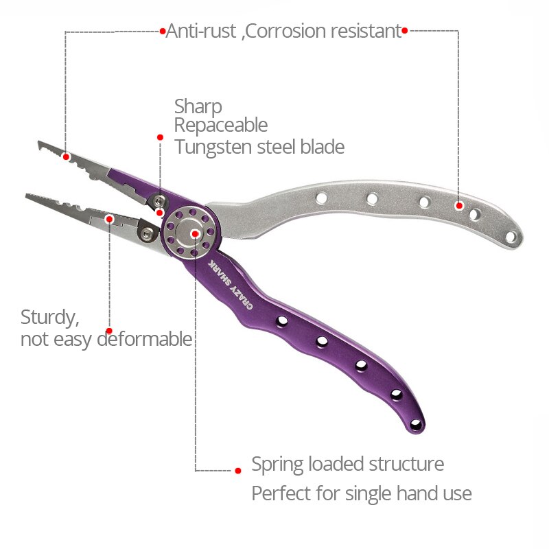 Crazy Shark 19cm Multifunctional Fishing Pliers Aluminium Hook Remover Split Ring Cutters Rustproof Saltwater Tools Carp Fishing