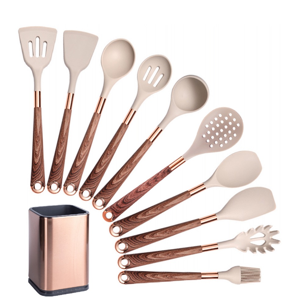Silicone Cooking Utensils Set Heat Resistant Kitchen Spatula Spoon Non-Stick Tools With Rose Gold-Plated Handle And Holder: army green