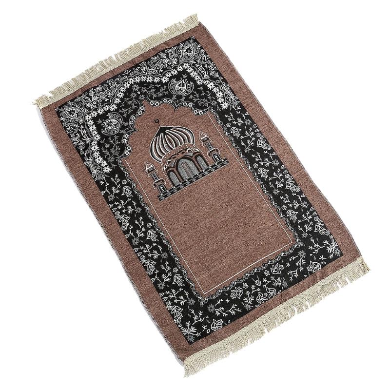 Islamic Turkish Chenille Prayer Rug Mosque Floral Pattern Portable Muslim Carpet Woven Jacquard Tassel Ramadan Mat H3CC: Coffee