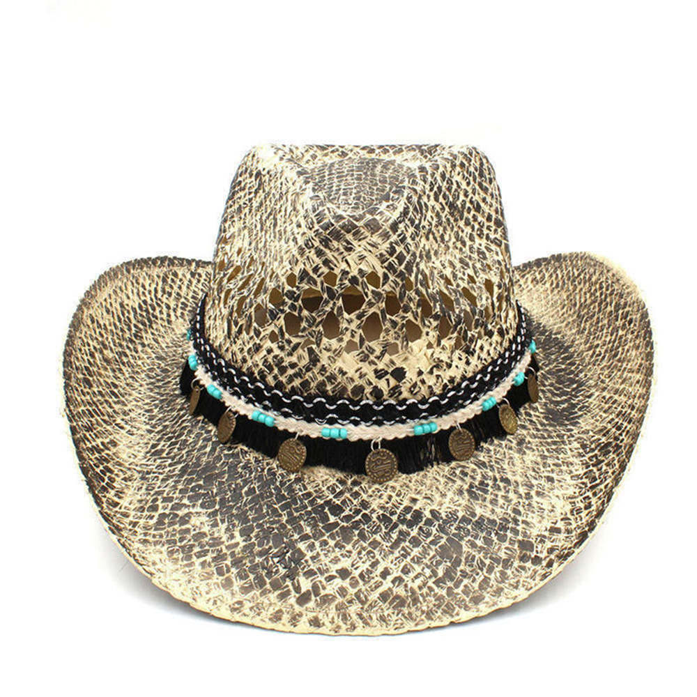 Sombrero de vaquero occidental para mujer, Sombrero de paja tejido a mano, con borlas bohemias, tamaño 56-58CM: C4 CAJ