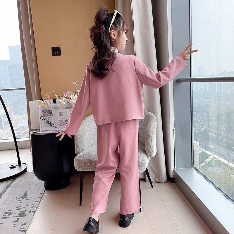 Abito da ragazza primavera 2022 blazer rosa pantaloni larghi a dovuto pezzi impostato di abbigliamento per bambini abiti casuale per bambini allentati per bambini