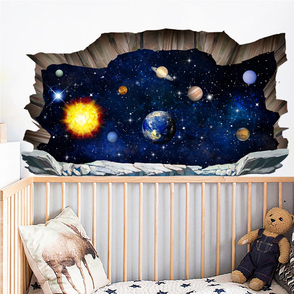 3D Outer Space Planets Wall Stickers Cosmic Wall Decals Kids Room Baby Bedroom Ceiling Floor Space Galaxy Planets Wall Sticker