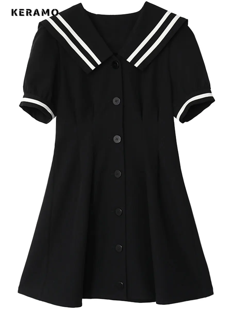Preppy Style All-match Patchwork Sailor Collar Mini Dresses Summer Women's Puff Sleeve Y2K Harajuku Ulzzang A-Line Dress