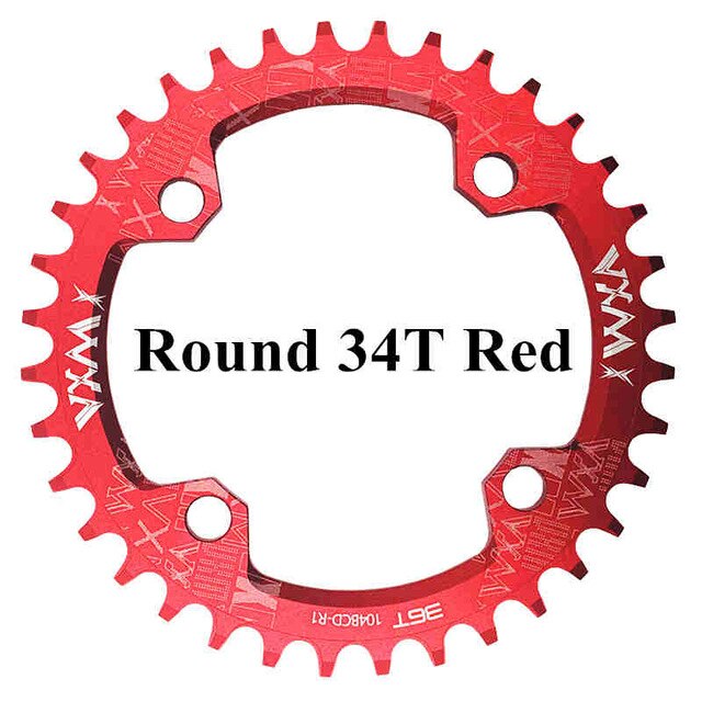 Fiets 104 bcd crank ovaal rond 30t 32t 34t 36t 38t 40t 42t 44t 46t 48t 50t 52t smal breed kettingwiel mtb fiets kettingblad: Ronde 34t rood
