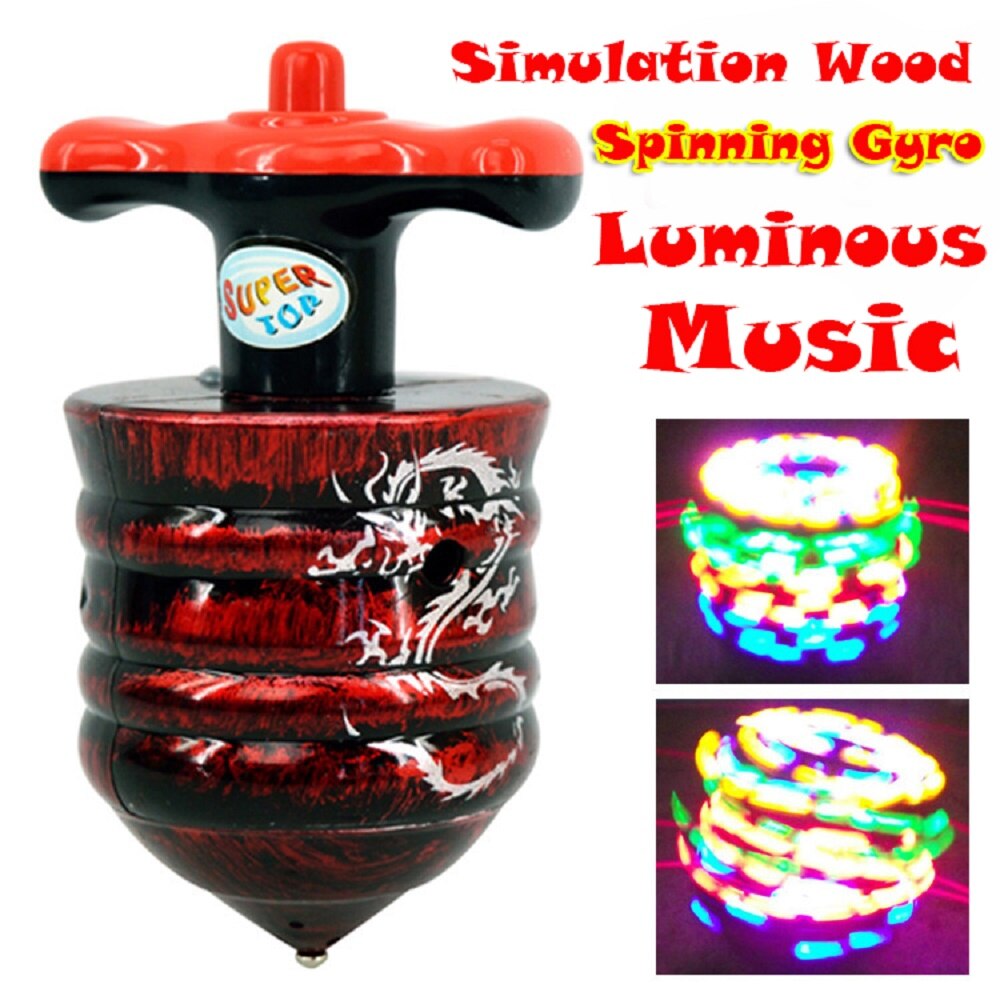 1Pc Imitatie Houten Lichtgevende Muziek Gyro Led Light Spinning Top Kleurrijke Verlichting Muziek Gyros Kids Novelty Speelgoed