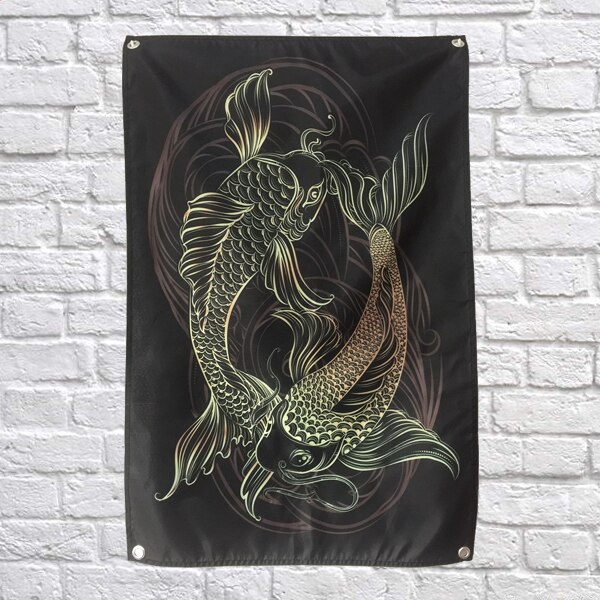 Affiche d'art japonais de tatouage, bannière, Double poisson, pour décoration de la maison, 4 volets dans les coins, 3x5 pieds, 144cm x 96cm