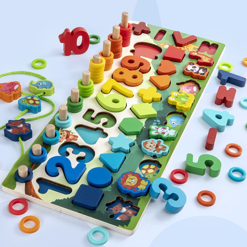 Montessori Wooden Toys For Kids Early Educational Board Math Fishing Count Numbers Matching Digital Shape Sorter Children Toy: 4 in 1 K