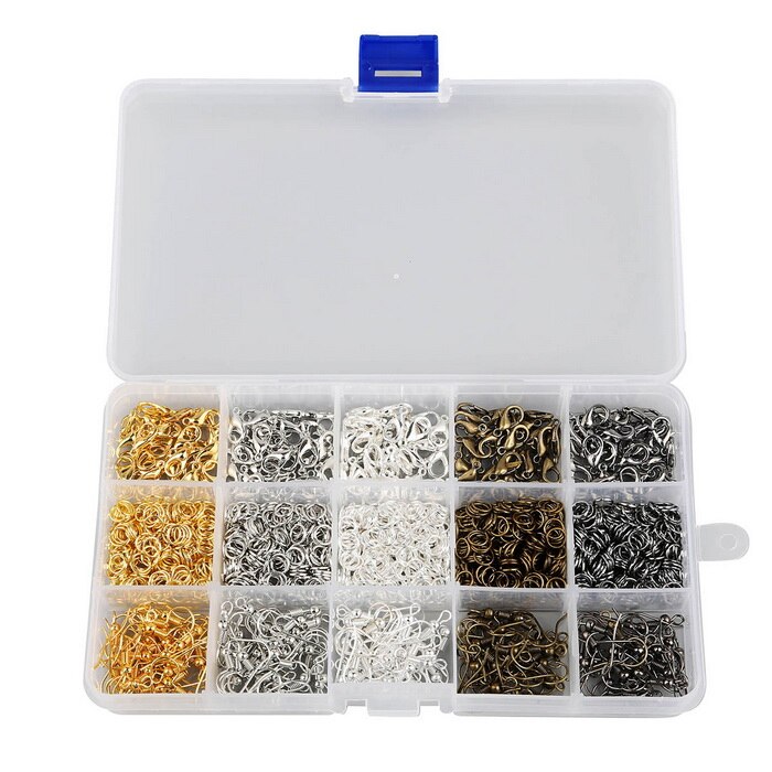 1 boîte 15/24 grille bijoux à bricoler soi-même matériaux de fabrication anneaux/homard fermoir/crochet/Torus/aiguille/Clip/bouchons d'oreilles faisant boîte perles Kit: 01