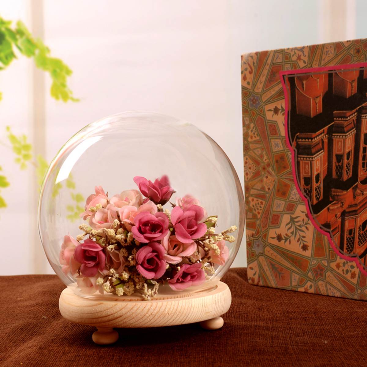 Ball Shape Glass Globe Cloche Dome Jar Bell Display Vase Wooden Base for LED Light Immortal Flower Rose Wedding Home Decoration