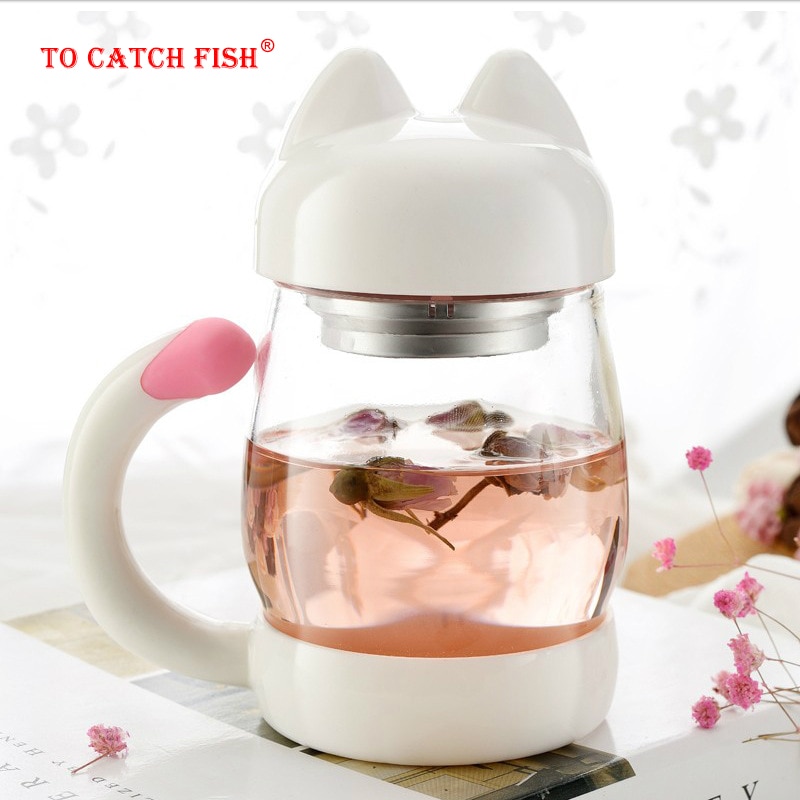 Portable Cute Cat Glass Personality Milk Mug,cup With Infuser Office Coffee Tumbler Breakfast Mugs,flower tea cup