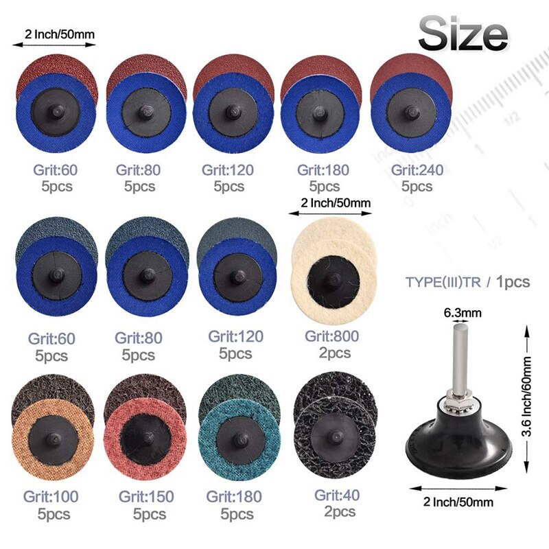 60Pcs 2 Inch Quick Change Discs Set Schuurschijven 1/4 Inch Houder Voor Die Grinder Roest Verf Verwijderen oppervlak Discs