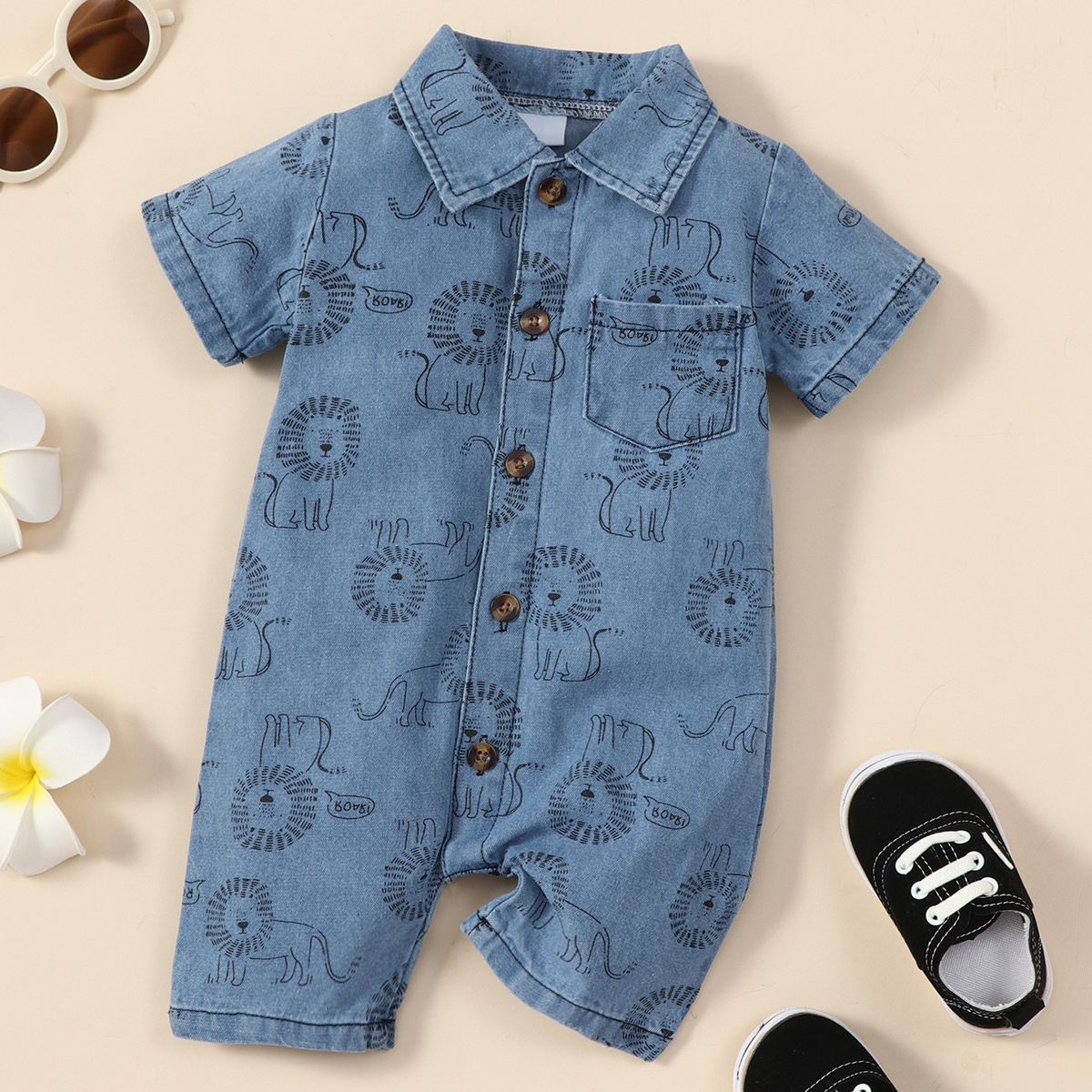 2022 Summer Lion Print Newborn Boys Girls Cowboy pagliaccetto Baby Boys Girls pagliaccetti a maniche corte Jeans tute abbigliamento per bambini: 18m