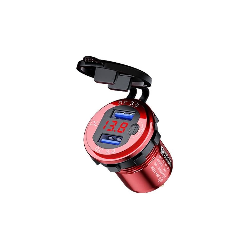 Caricabatterie rapido per auto doppio USB QC3.0 in alluminio 12V/24V con interruttore voltmetro: Red