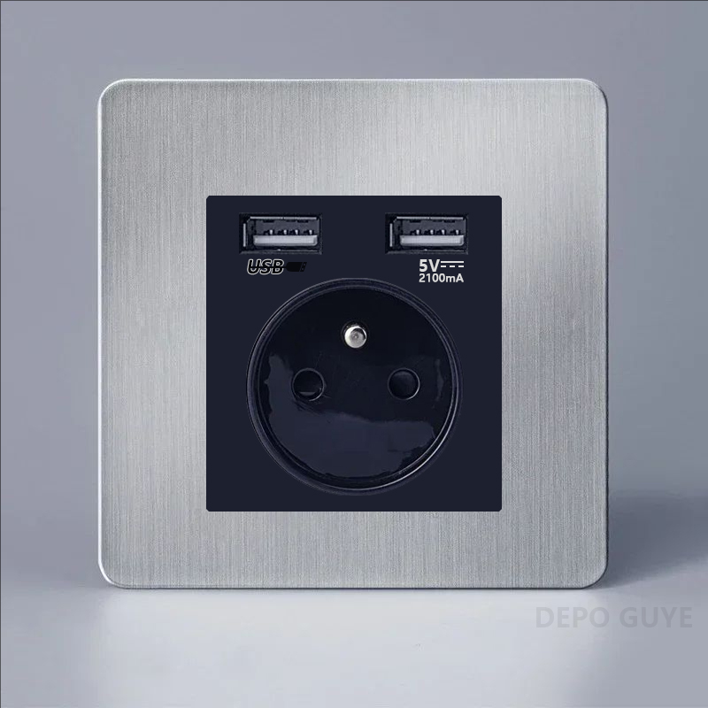 Double Prise de Courant Murale en Acier Inoxydable Brossé, Rétro, UE, France, Levier D.lique Interdit, 1-4 lèvent, 2 Voies, Panneau d'Joli, RJ45