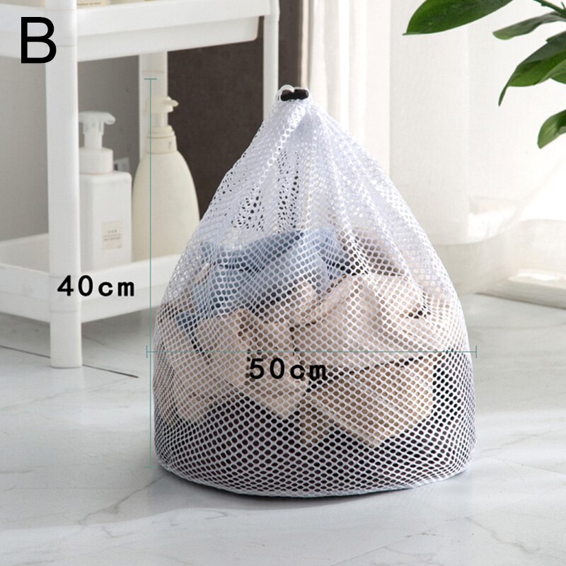 Husstand tyk polyester mesh vasketøj vaskepose undertøj bh frakker gardin vaskepose stor kapacitet snor vasketøjskurv: B